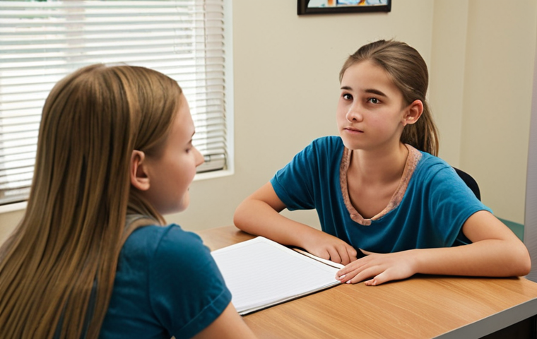 **

A friendly and approachable adolescent counselor is sitting in a comfortable office.  A teenager is sitting across from them, appearing relaxed and openly sharing their feelings.  The counselor is actively listening, nodding empathetically.  Soft, natural lighting and a calming color palette create a safe and supportive atmosphere.  The scene conveys effective communication and a trusting relationship.

**