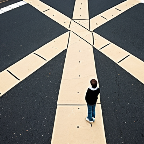 Home 24 A young person standing at a crossroads, symbolizing a career decision, with paths leading to helping teenagers. The scene should evoke a sense of hope and potential.