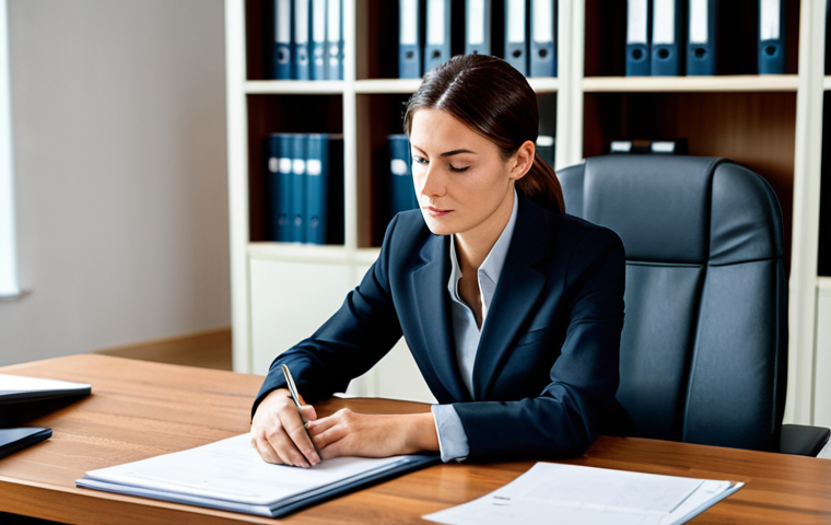 A professional female counselor in a modest, dark business suit, seated at an elegant wooden desk in a well-lit, organized modern office. She is carefully reviewing confidential client files, with a secure, closed filing cabinet subtly visible in the background, emphasizing data protection. The scene exudes professionalism and trustworthiness. Fully clothed, appropriate attire, safe for work, perfect anatomy, correct proportions, natural pose, well-formed hands, proper finger count, natural body proportions, professional photography, high resolution, detailed, family-friendly content.