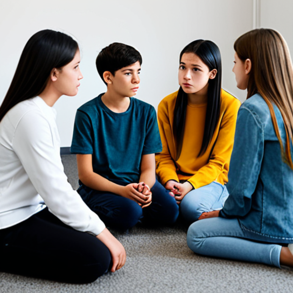 이미지 1:** A group of teenagers in modest clothing participating in a counseling session, sitting in a circle in a bright room, discussing their feelings, safe for work, appropriate content, fully clothed, family-friendly, professional setting, perfect anatomy, natural proportions.