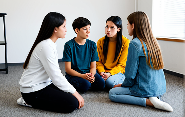 이미지 1:** A group of teenagers in modest clothing participating in a counseling session, sitting in a circle in a bright room, discussing their feelings, safe for work, appropriate content, fully clothed, family-friendly, professional setting, perfect anatomy, natural proportions.