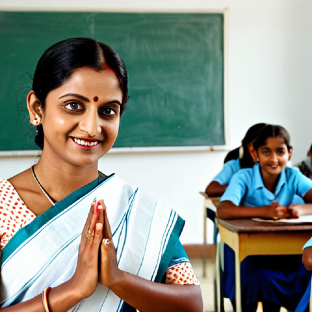 **

A professional female teacher, fully clothed in a traditional Bengali saree, standing in a bright, modern classroom. Students are seated at desks, engaged in their work. The scene is well-lit and cheerful.  Perfect anatomy, correct proportions, natural pose, well-formed hands, proper finger count, natural body proportions, safe for work, appropriate content, fully clothed, family-friendly.

**