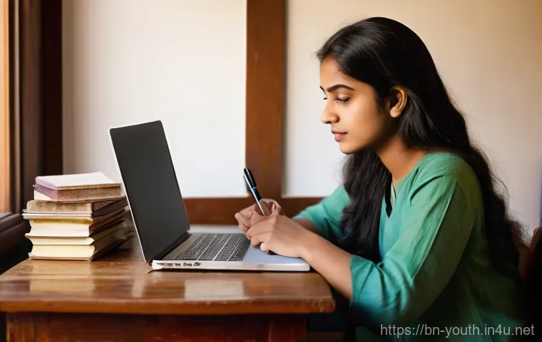 청소년상담사 시험 후기와 피드백 - **Prompt 1: Focused Aspirant's Study Corner**
    A young Bengali woman, in her early twenties, is d...