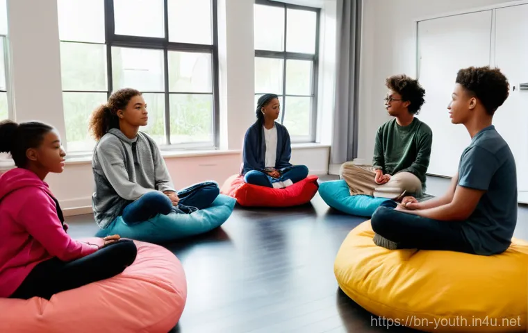 청소년상담사와 청소년 리더십 개발 - **Mental Well-being and Support:** A diverse group of teenagers, aged 14-17, are gathered in a brigh...