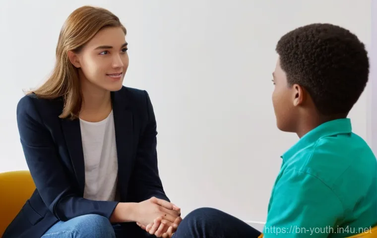 청소년상담사 직업에 적합한 사람들의 특징 - **Prompt 1: Empathetic Connection in Counseling**
    "A young, diverse female youth counselor in he...