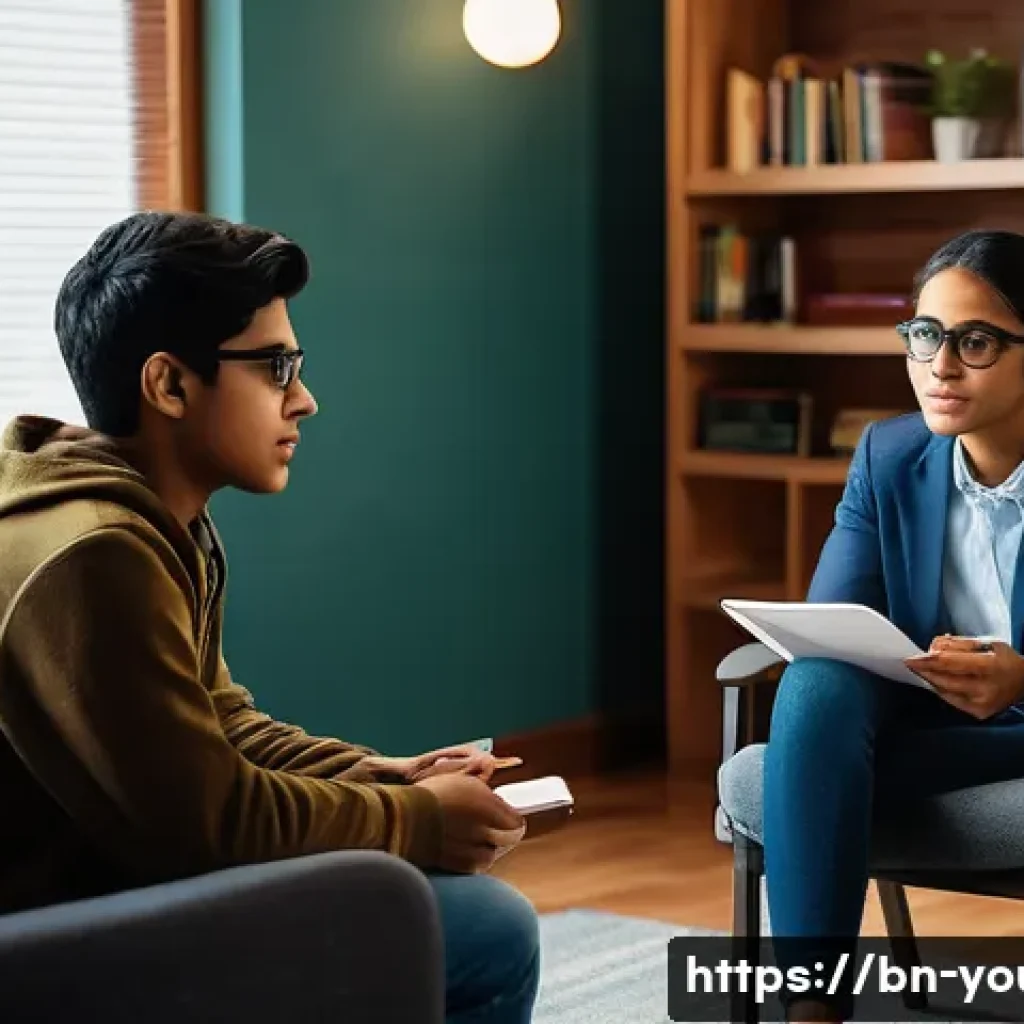 청소년상담사와 학교 상담의 차이점 - A compassionate teenage counselor sitting in a private, cozy room with soft lighting, attentively li...