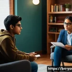 청소년상담사와 학교 상담의 차이점 - A compassionate teenage counselor sitting in a private, cozy room with soft lighting, attentively li...