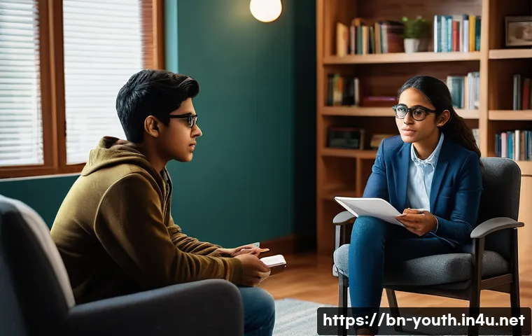 청소년상담사와 학교 상담의 차이점 - A compassionate teenage counselor sitting in a private, cozy room with soft lighting, attentively li...