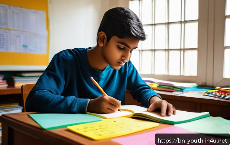 청소년상담사 필기시험에서 고득점 받는 법 - A focused young Bangladeshi student studying at a tidy desk with Bengali textbooks and notes spread ...